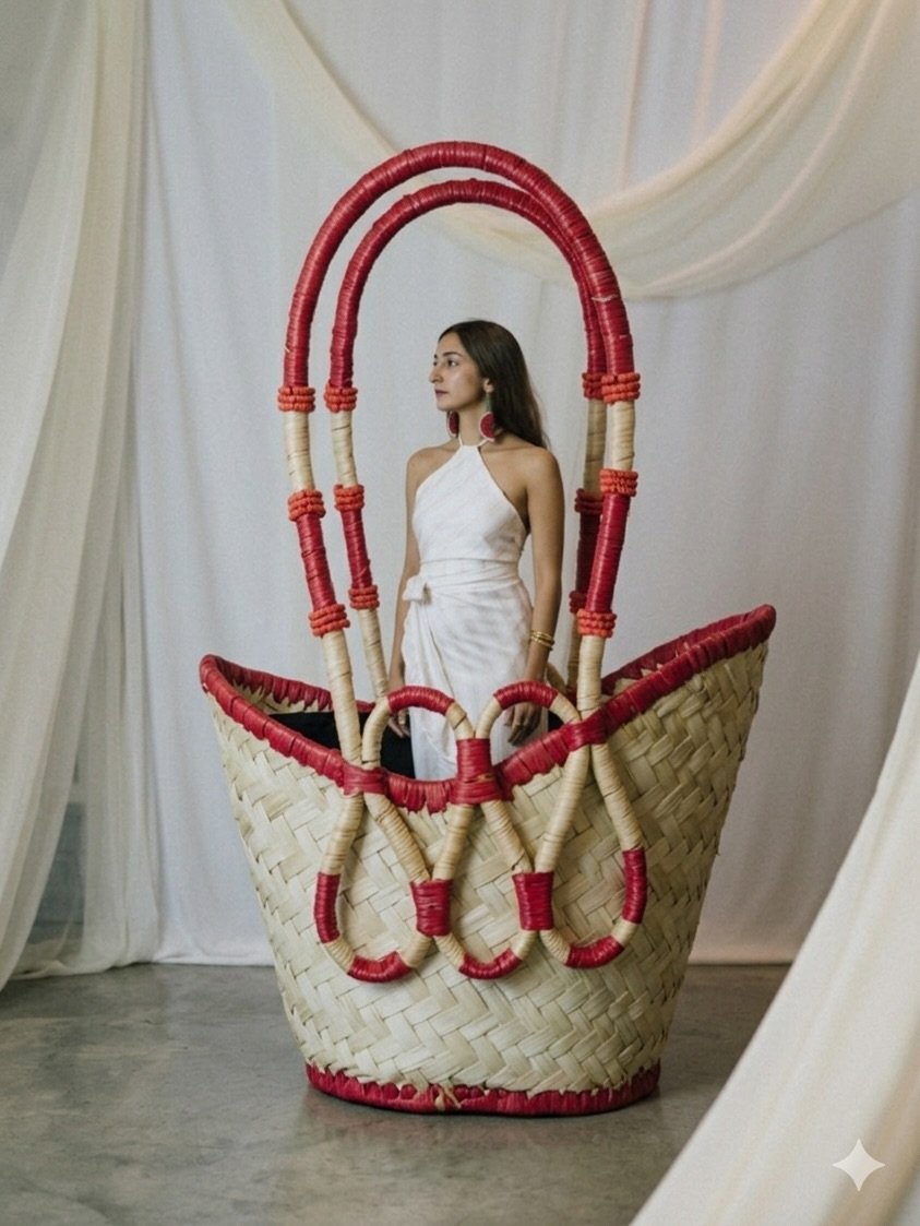La Sculpture — panier YZA géant en raphia et cuir rouge, silhouette éditoriale