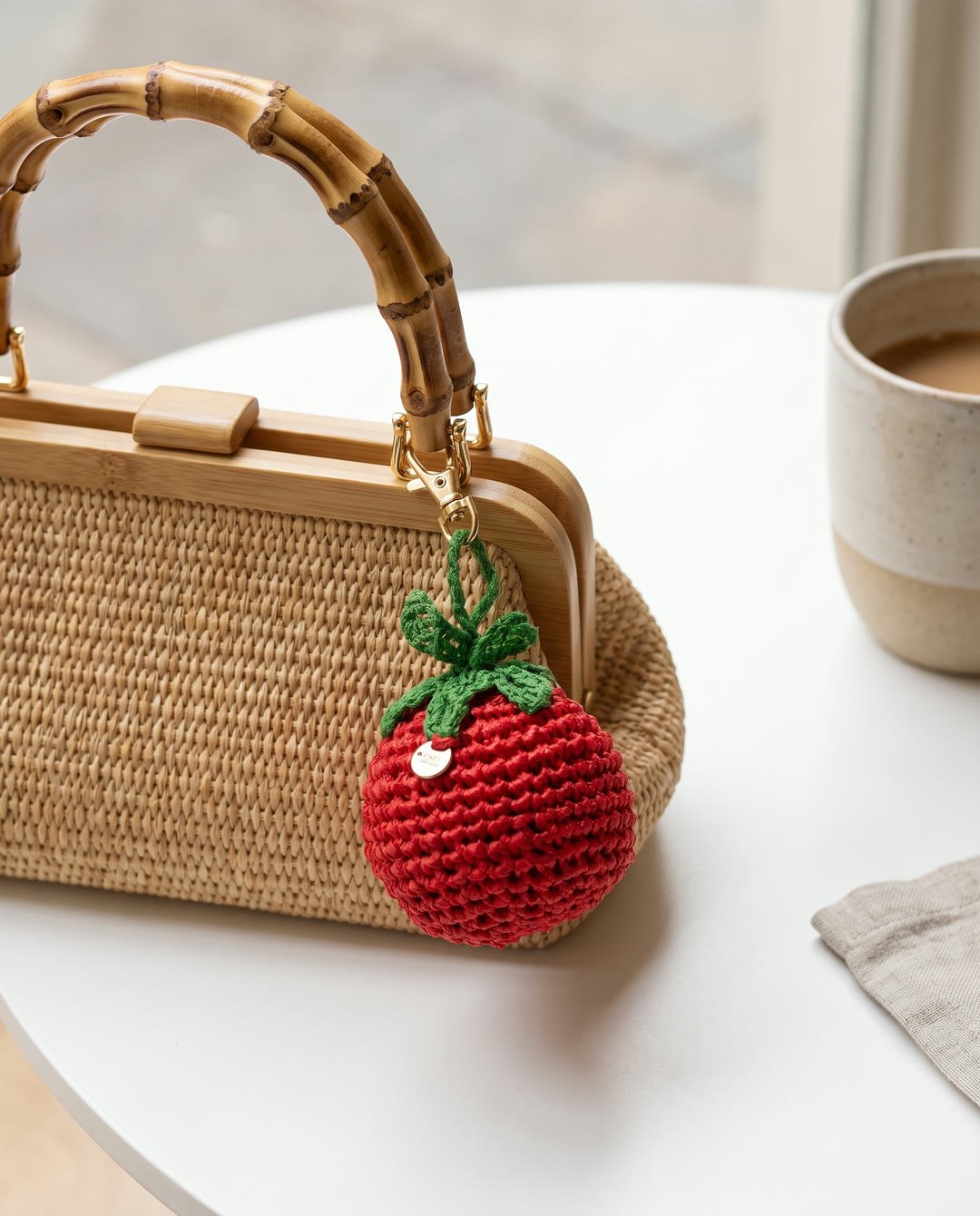 Charm tomate en raphia YZA porté sur un sac