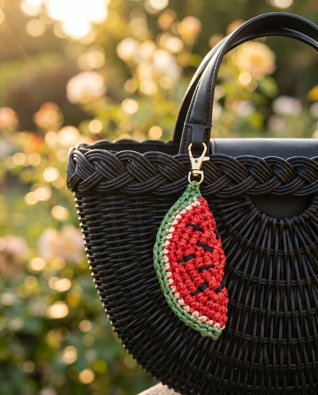 Charm pastèque en raphia YZA porté sur un sac