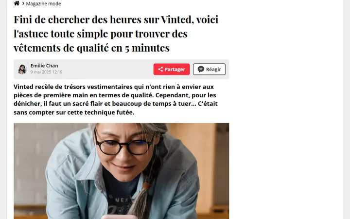 Journal des Femmes — Fini de chercher des heures sur Vinted, voici l'astuce toute simple pour trouver des vêtements de qualité en 5 minutes