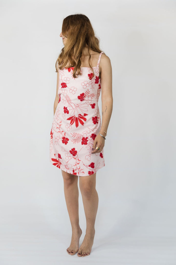 Robe Courte en Lin Ajustable LEÏLALETTE-RED FLOWERS