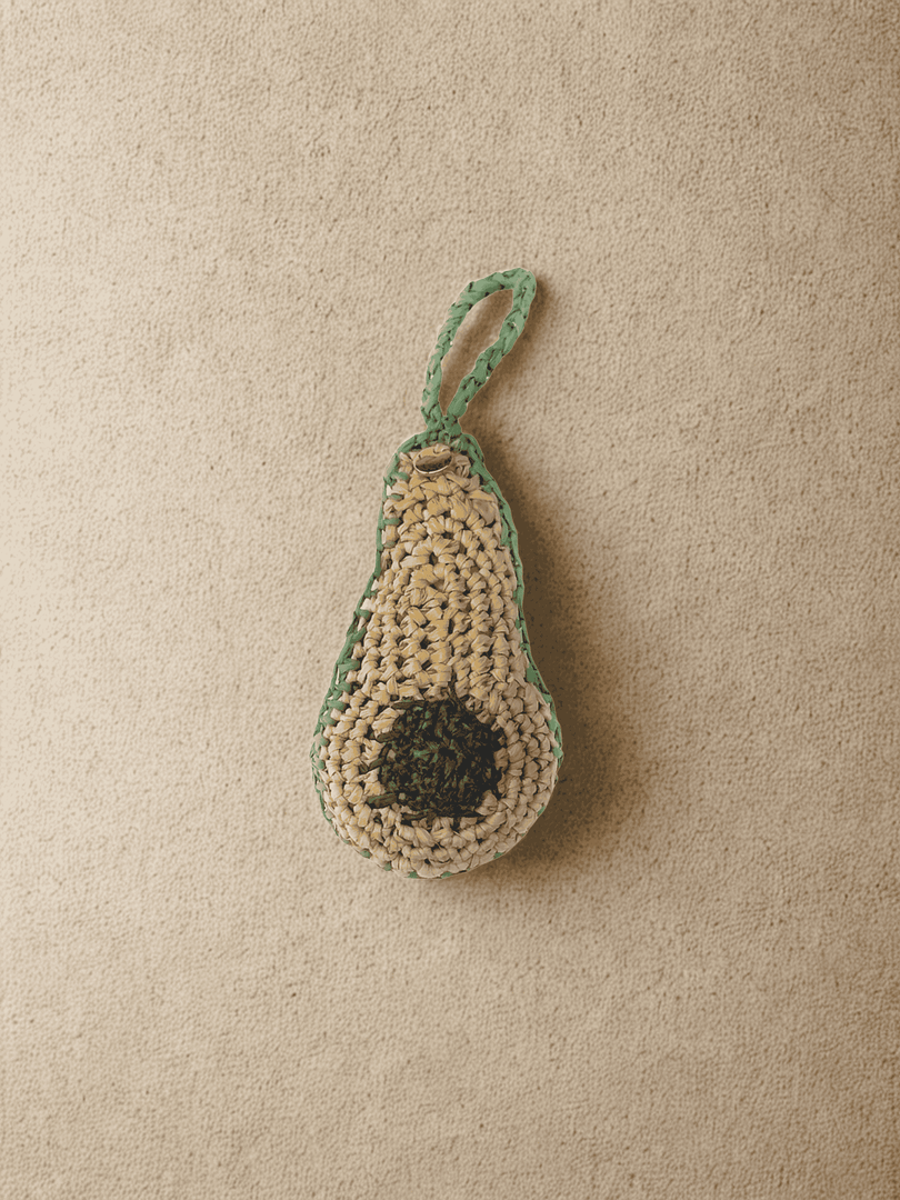 YZA hand-crocheted raffia Avocado bag charm with golden tag, handmade in Marrakesh
