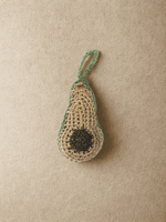 Load image into Gallery viewer, YZA hand-crocheted raffia Avocado bag charm with golden tag, handmade in Marrakesh
