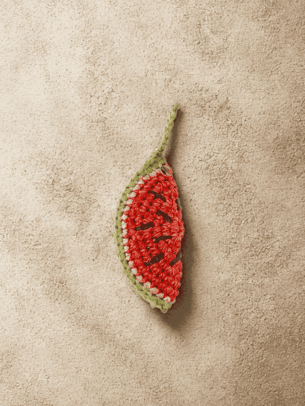 YZA hand-crocheted raffia Watermelon Slice bag charm with golden tag, handmade in Marrakesh